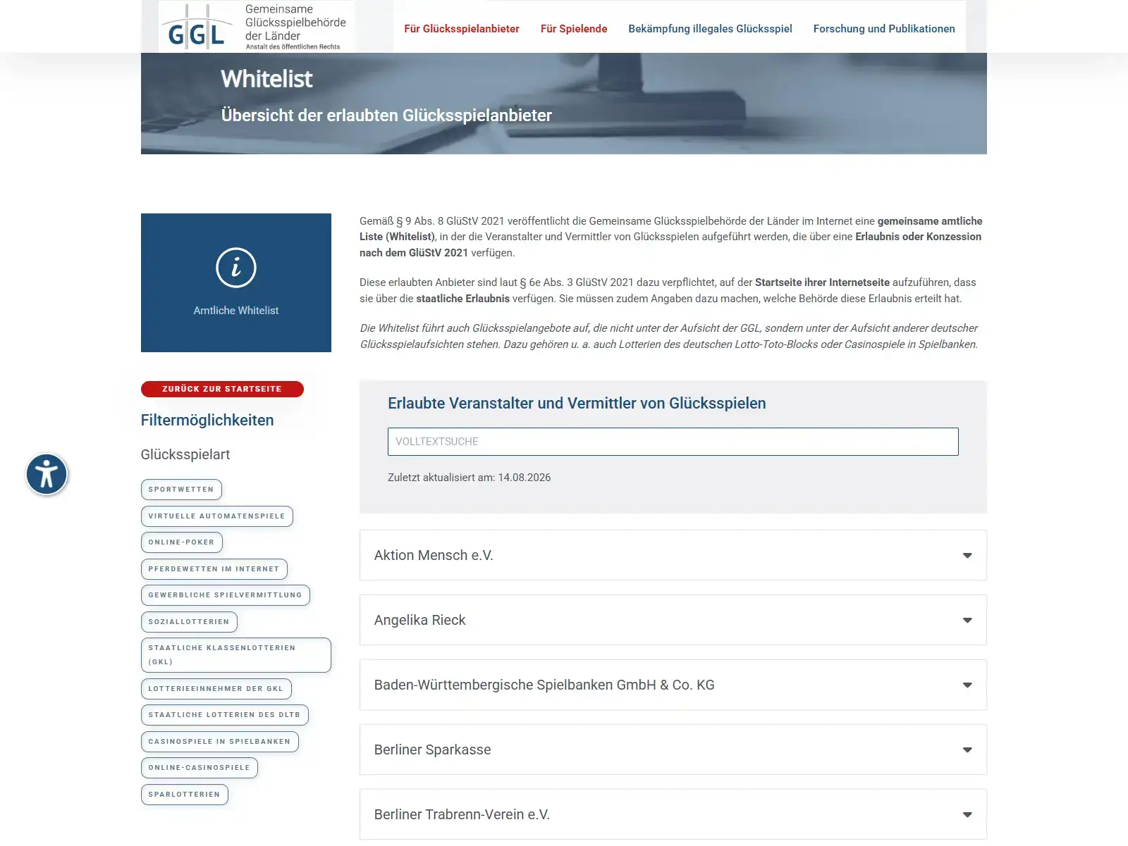 Amtliche GGL-Whitelist mit Standdatum für den Lizenzcheck